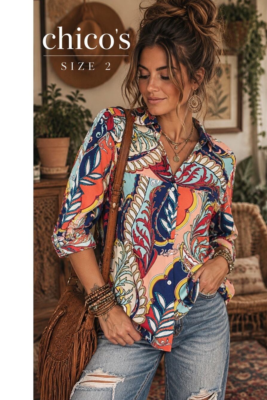 Chico's Multicolor Paisley Print Button Front Size 2 12 Stretch Shirt Blouse